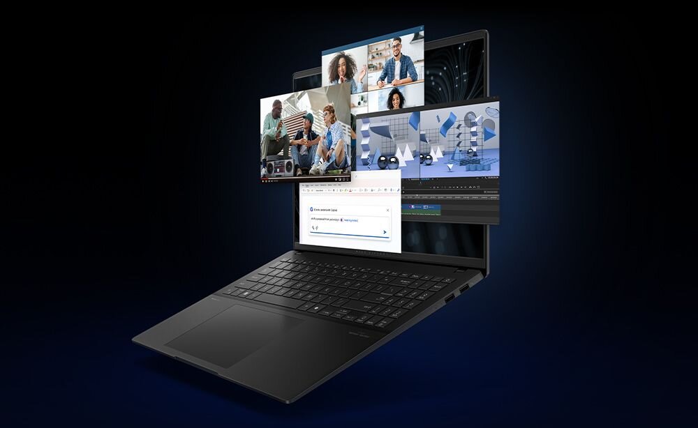 Laptop ASUS Vivobook S 16 OLED - Laptop z wieloma ekranami, na których wyświetlane są różne obrazy, ilustrujący złożoność pracy z technologią. Intel Core Ultra, RAM LPDDR5X, SSD, Intel Arc Graphics, ASUS Memory Allocation Management, AI, Copilot