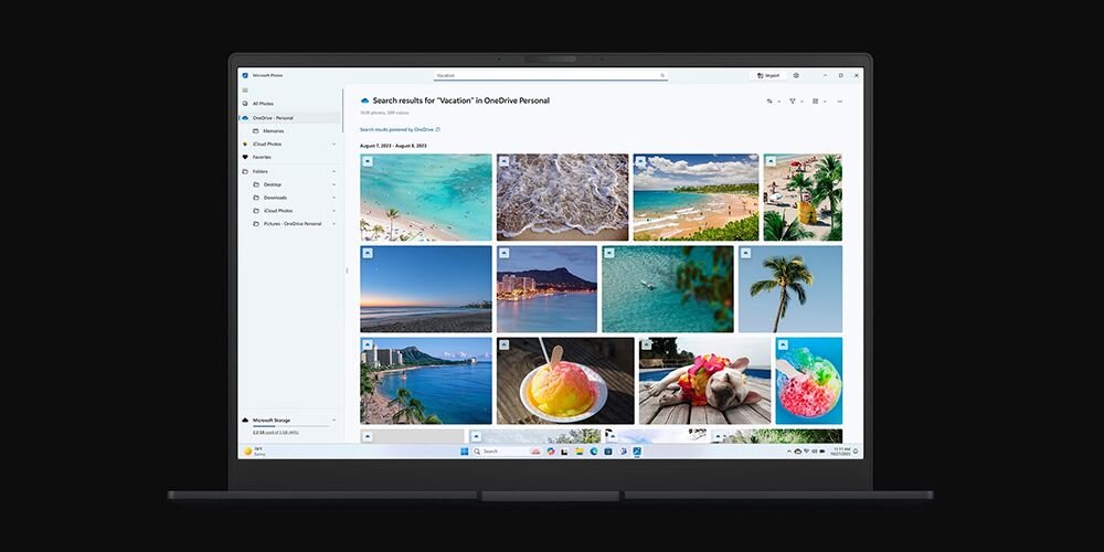 Laptop ASUS Vivobook S 16 OLED - Laptop z otwartą aplikacją Zdjęcia, na ekranie widoczna fotografia plaży. Aplikacja Zdjęcia, Edycja, porządkowanie zdjęć