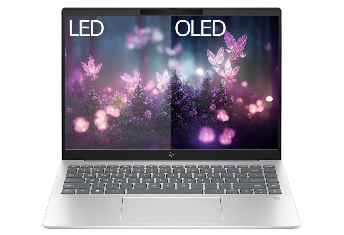 Laptop HP Pavilion Plus 14 porównanie technologii LED i OLED w wyświetlaczach. Ekran 3K OLED 100% DCI-P3 120 Hz