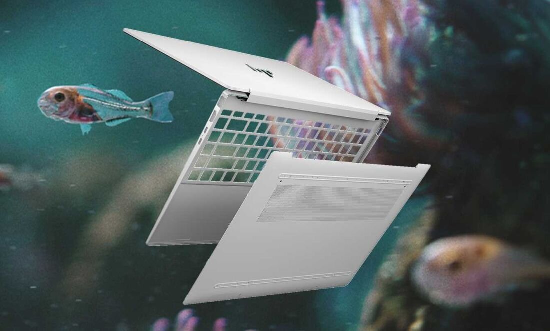 Rybka pływa przed laptopem HP Pavilion Plus 14. EPEAT Gold oraz ENERGY STAR