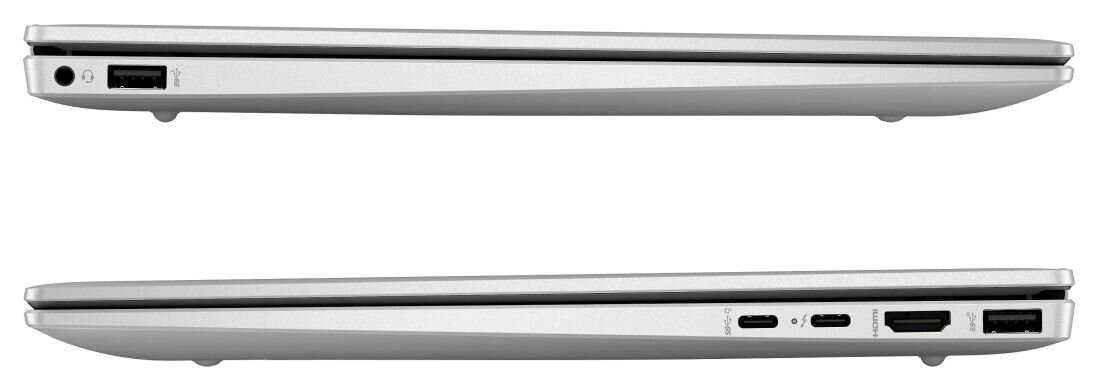 Dwa ujęcia HP Pavilion Plus 14 z boku, prezentujące różnorodne porty złączeniowe. HDMI USB-A USB Type-C