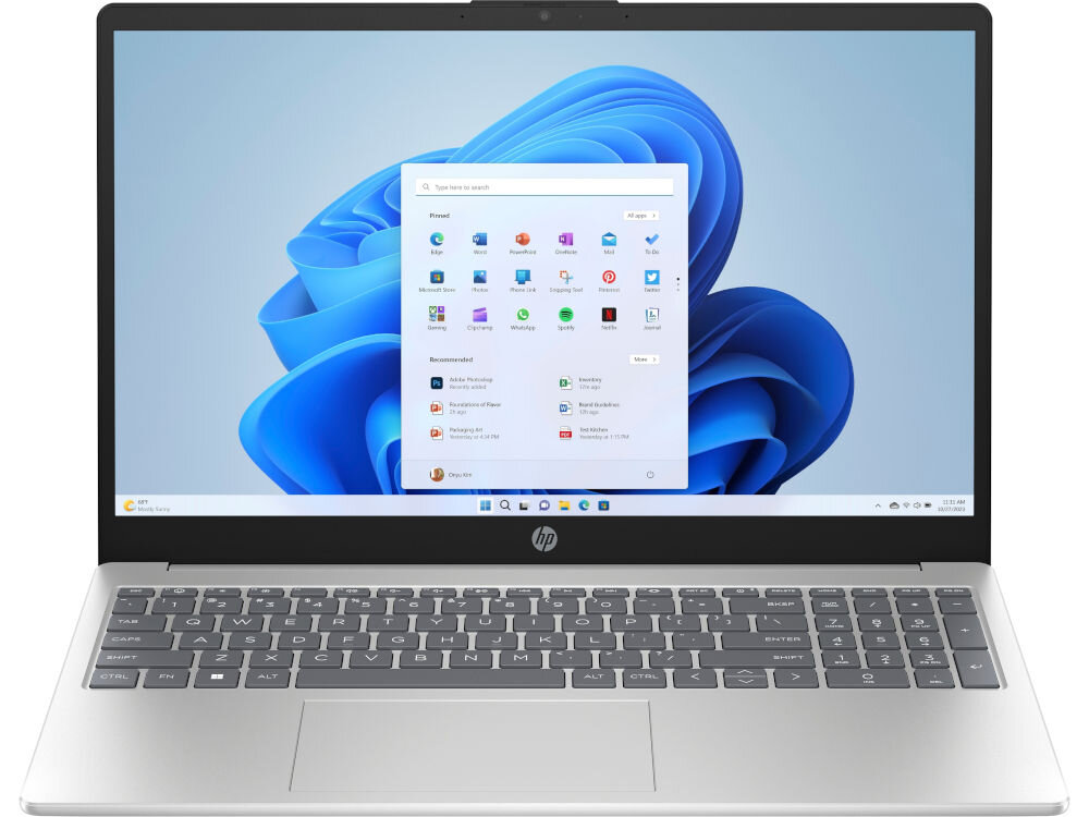 Laptop HP 15-FC0026NW 15.6 IPS R7-7730U 16GB RAM 512GB SSD Windows 11 Home frontem widoczny ekran z menu start jasność 250 nitów pokrycie kolorów dm dimming bez migotwania wąskie ramki
