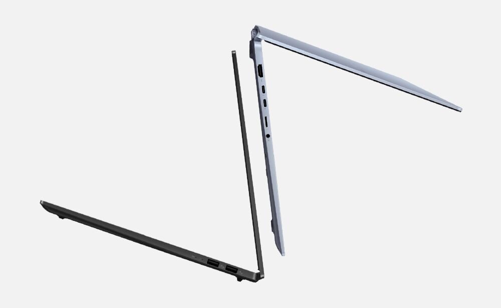Laptop ASUS Vivobook S 16 OLED - Laptop z czarną i srebrną obudową, ukazany na tle minimalistycznym, podkreślającym jego elegancki design.Neutral Black lub Mist Blue,