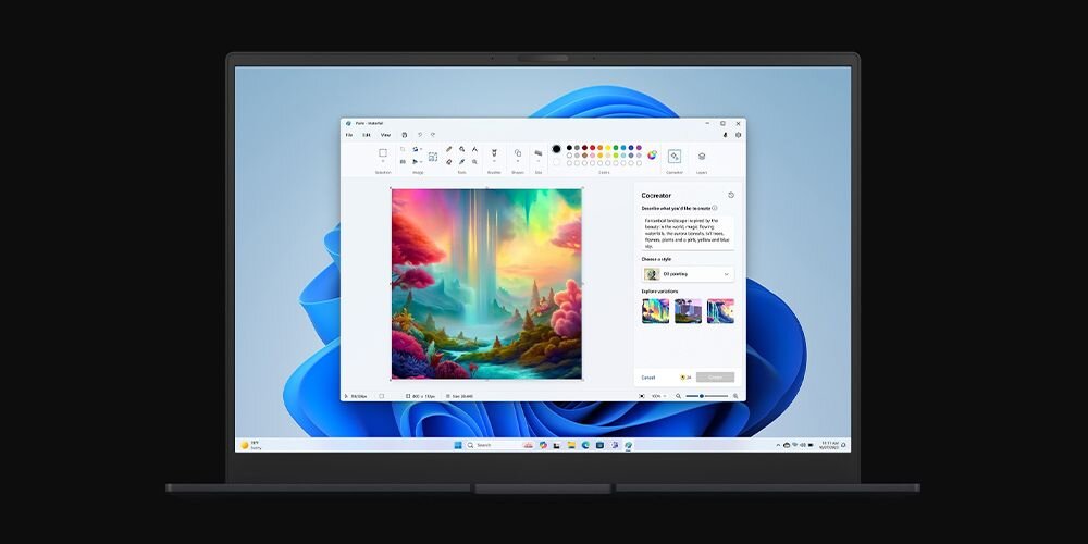 Laptop ASUS Vivobook S 16 OLED - Ekran laptopa z widokiem na obraz stworzony w aplikacji Paint. Aplikacja Paint, można poprawiać jakość zdjęć oraz dodawać efekty i kształty wzbogacające projekty