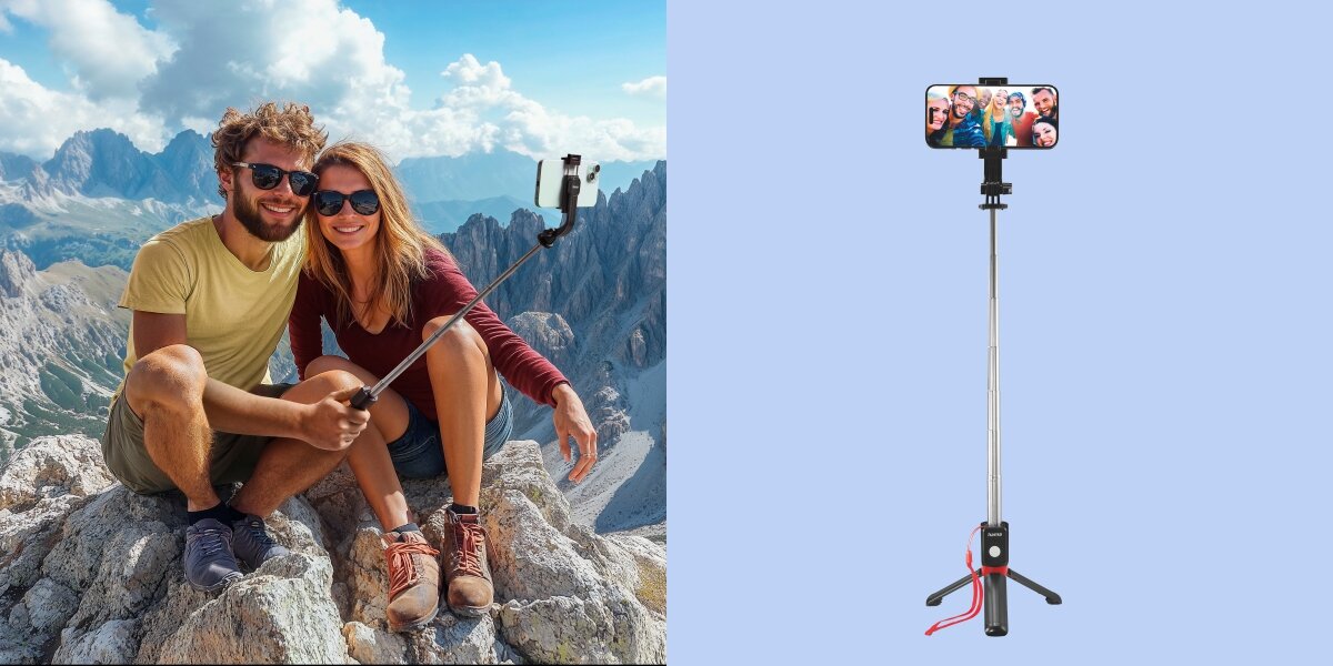 Uchwyt selfie HAMA Fancy Stand 70 II Kompaktowe zdjęcia i filmy uśmiechnieta para robiąca zdjęcie na tle gór smartfonem na sticku