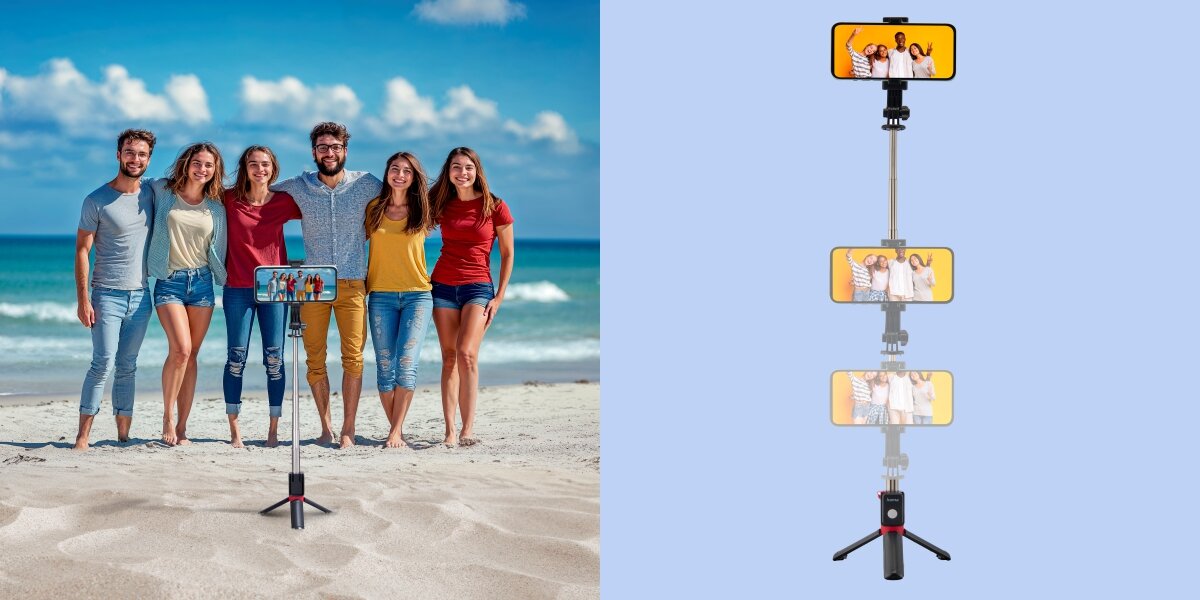 Uchwyt selfie HAMA Fancy Stand 70 II Pełna swoboda ujęć grupa osób robiąca zdjęcie smartfonem na sticku wykorzsytanym jako statyw