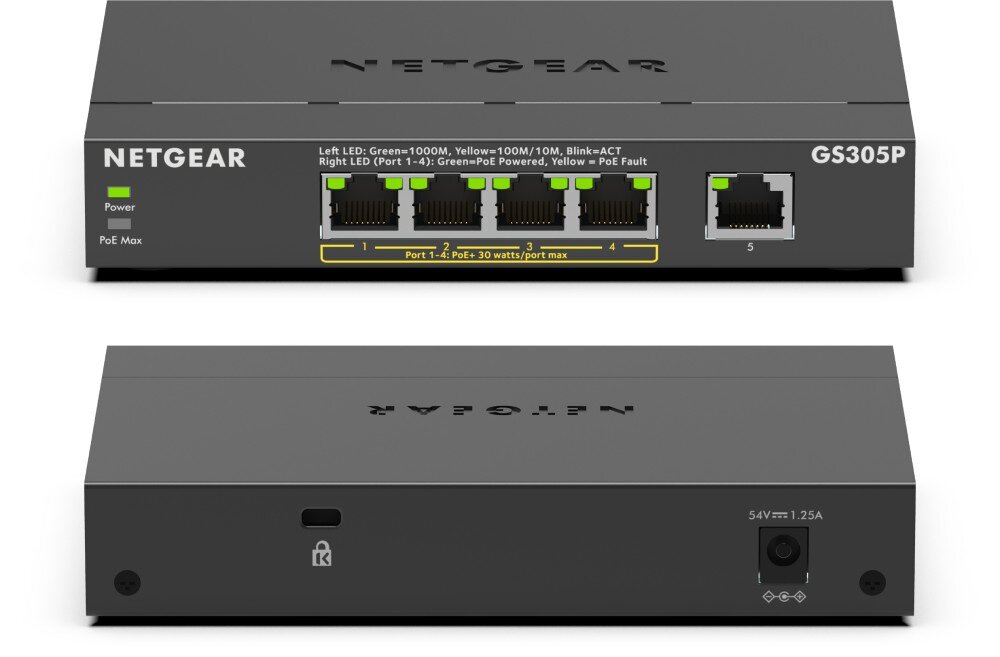 Na obrazie widoczny jest switch NETGEAR GS305P z pięcioma portami Ethernet, z czego cztery obsługują funkcję PoE. Na urządzeniu znajdują się diody LED oraz oznaczenia portów i funkcji PoE Max.