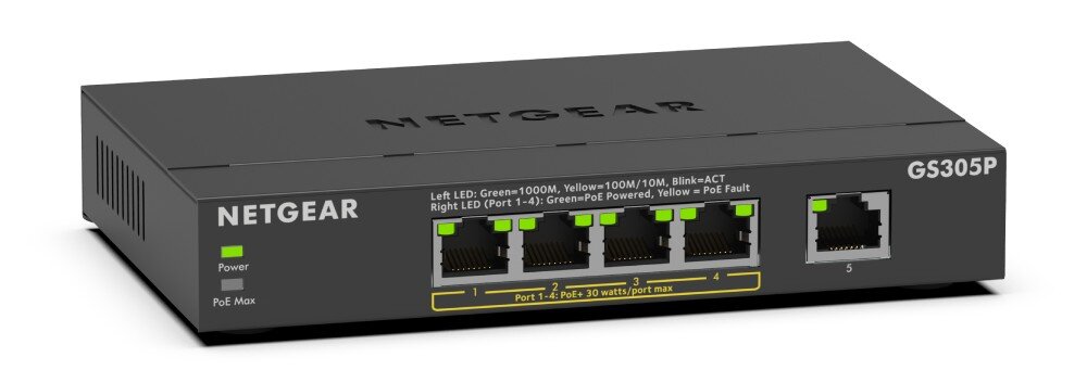 Na obrazie widoczny jest czarny switch NETGEAR z pięcioma portami Ethernet i oznaczeniami LED. Na obudowie znajduje się tekst: \'NETGEAR\', \'GS305P\', oraz instrukcje dotyczące diod LED i funkcji PoE.
