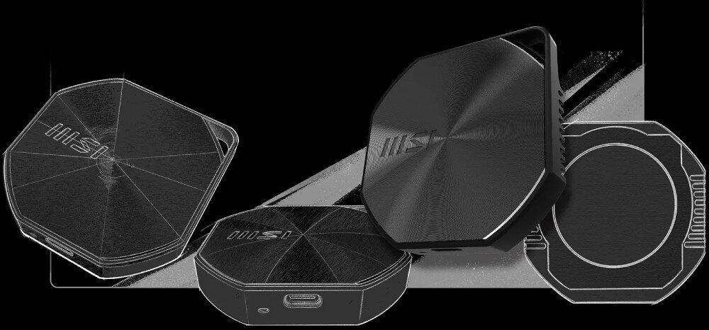 Dysk MSI Datamag 20Gbps 2TB Zestaw kilku wizualizacji dysku w różnych ujęciach i szkicowych obrysach, ukazujących jego kształt, port USB-C oraz grawerowane logo na matowej, metalicznej powierzchni, obudowa, materiał