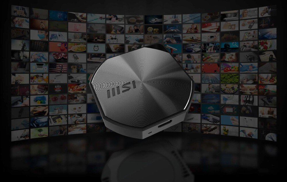 Dysk MSI Datamag 20Gbps 2TB Dysk umieszczony na tle ściany złożonej z miniaturowych obrazów i kadrów, symbolizującej dużą ilość danych lub materiałów multimedialnych, kompatybilność, iPhone