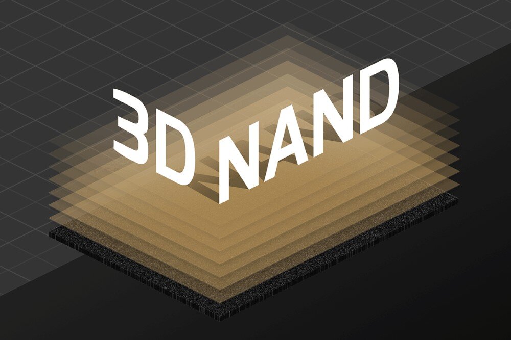 Dysk MSI Spatium M450 V1 1TB SSD Grafika przedstawiająca warstwową strukturę pamięci 3D NAND z efektem głębi