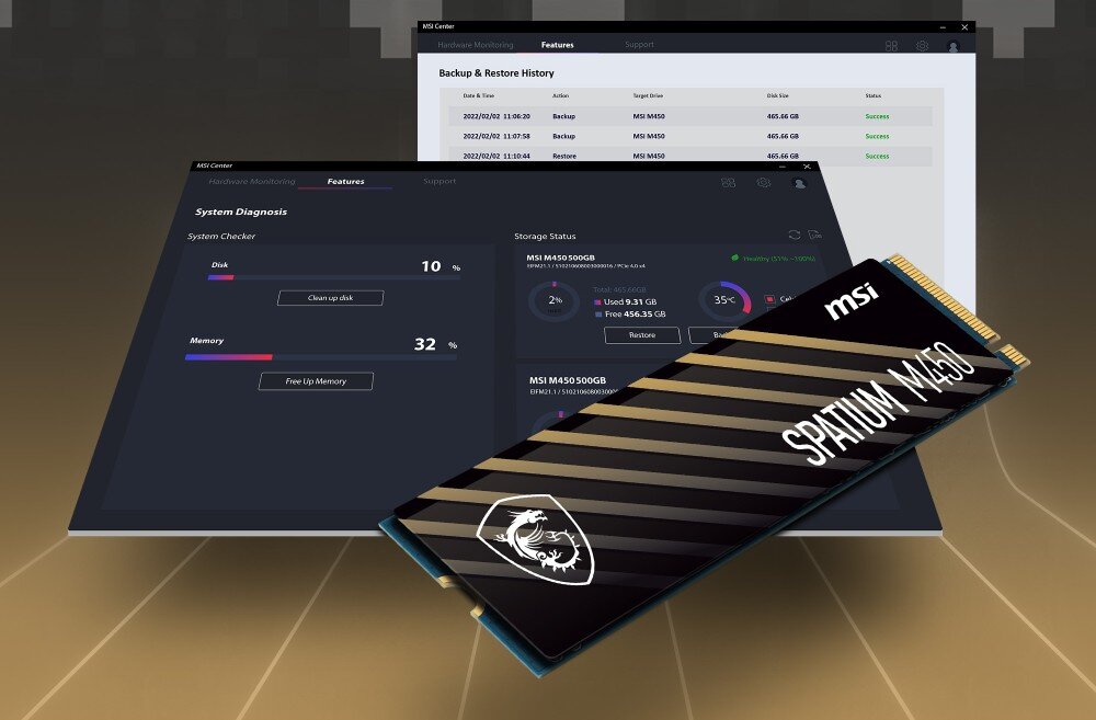 Dysk MSI Spatium M450 V1 1TB SSD Dysk SSD M.2 MSI Spatium M450 na tle interfejsu oprogramowania MSI Center pokazującego funkcje diagnostyki systemu i historii kopii zapasowych
