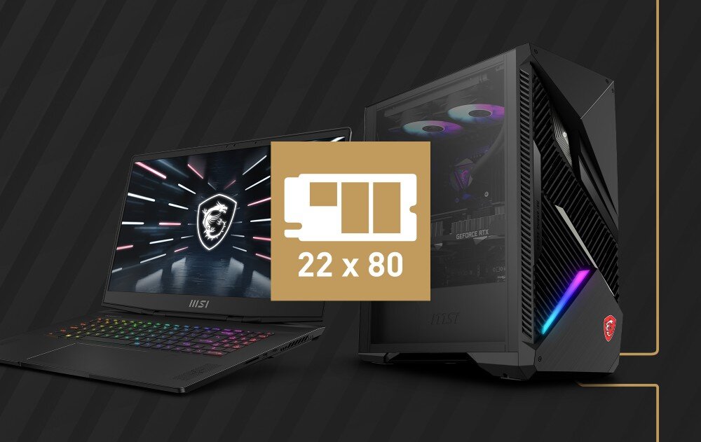 Dysk MSI Spatium M450 V1 1TB SSD Laptop MSI z podświetlaną klawiaturą RGB oraz komputer stacjonarny z przezroczystym panelem bocznym pokazującym wewnętrzne komponenty, na pierwszym planie grafika z ikoną baterii i napisem '22 x 80'