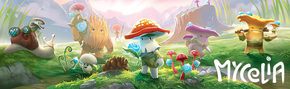Gra planszowa RAVENSBURGER Mycelia 22898 banner z wizualizacją postaci z gry grzybki na tle lasu