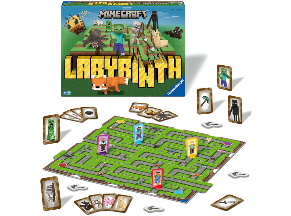 Gra planszowa RAVENSBURGER Labyrinth Minecraft 24771 zawartość opakowania, 1 plansza, 34 kafelki labiryntu, 24 karty z obrazkami, 4 kilofy, 4 pionki, cechy gry:
					wiek graczy: od 7. roku życia, liczba graczy: 2-4, czas gry: 20-30 minut, pudełko