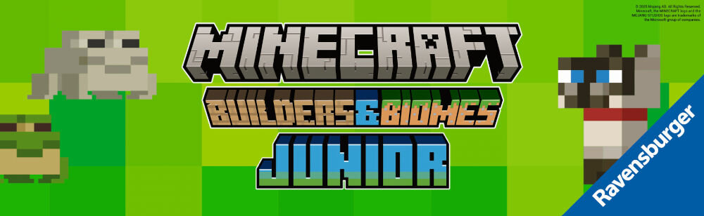 Gra planszowa RAVENSBURGER Minecraft Builders & Biomes Junior 24688 banner z wizualizacją postaci z gry grzybki na tle lasu
