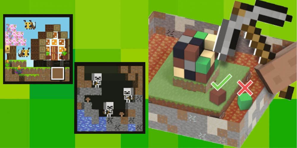 Gra planszowa RAVENSBURGER Minecraft Builders & Biomes Junior 24688 elementy gry rozłożone na pienku historia rozgrywka ulepszanie talii oczyszczanie planszy tryb dla 1 gracza karty rozszerzeń dodatkowe urozmaicenia