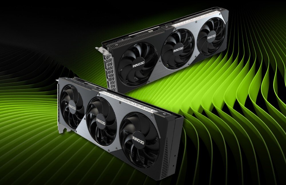 Karta graficzna INNO3D GeForce RTX 5080 X3 16GB Dwa egzemplarze karty prezentowane na tle zielonych falistych wzorów
