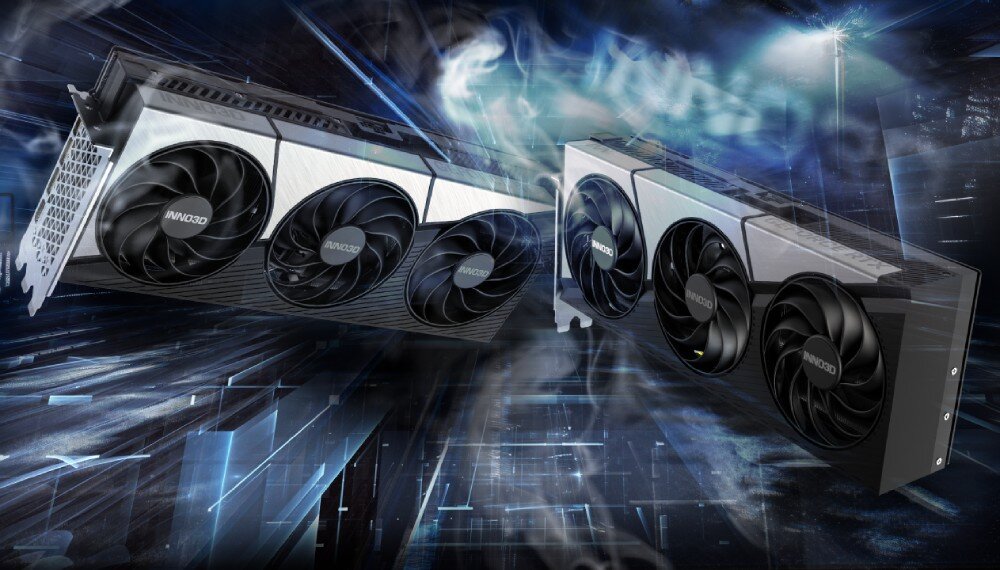 Karta graficzna INNO3D GeForce RTX 5090 X3 32GB Karta graficzna z trzema wentylatorami przedstawiona w dynamicznej kompozycji z efektami błyskawic i wodnych rozbryzgów w tle