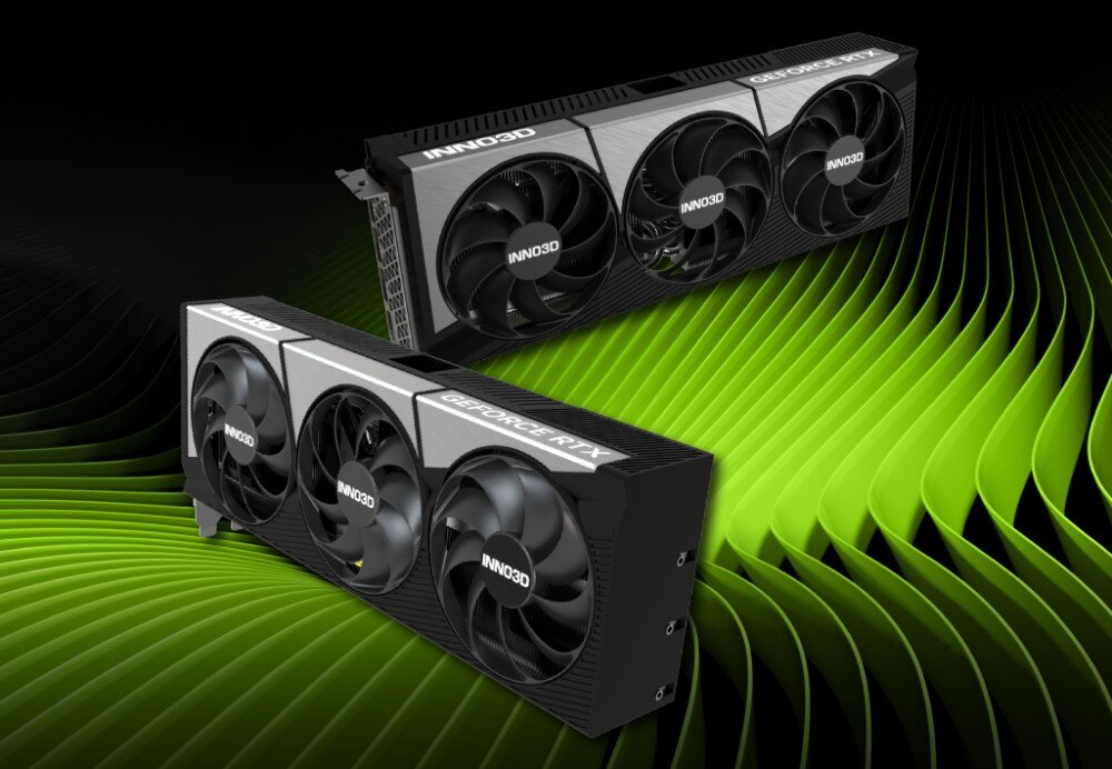 Karta graficzna INNO3D GeForce RTX 5080 X3 OC 16GB Dwa egzemplarze karty prezentowane na tle zielonych falistych wzorów