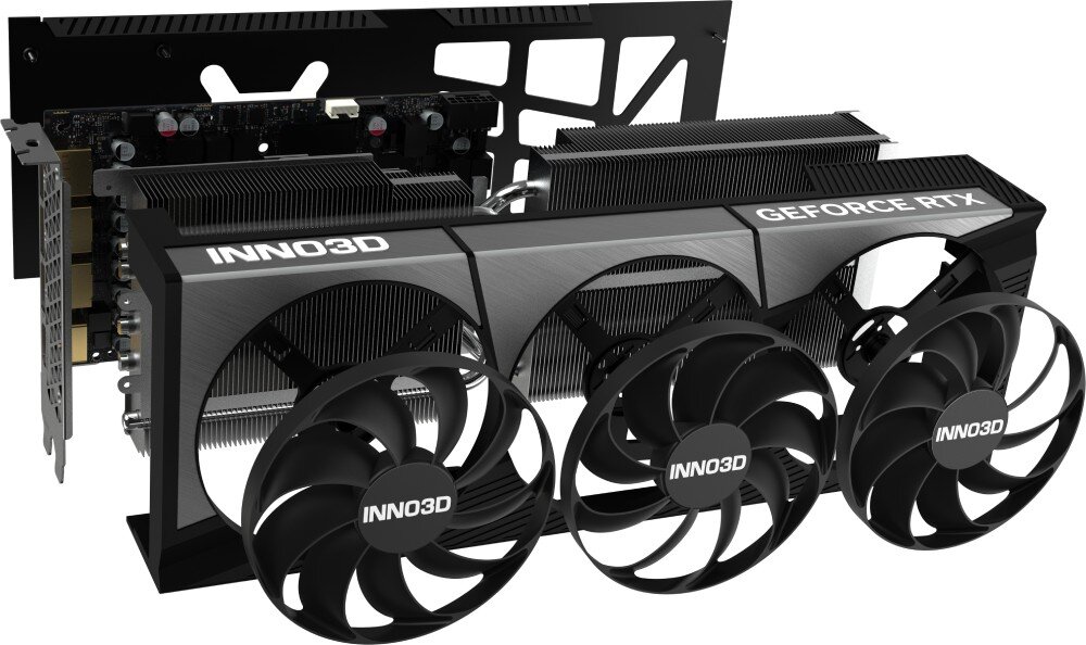 Karta graficzna INNO3D GeForce RTX 5080 X3 OC 16GB Zbliżenie na rozbudowany układ chłodzenia, ukazujące szczegóły radiatora i systemu odprowadzania ciepła