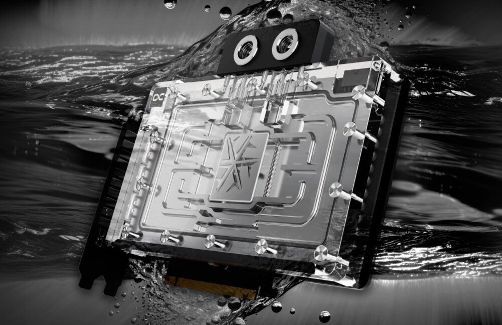 Karta graficzna INNO3D GeForce RTX 5090 iCHILL Frostbite 32GB Karta z blokiem wodnym w przezroczystej obudowie, zanurzona w tle przypominającym dynamiczny przepływ cieczy