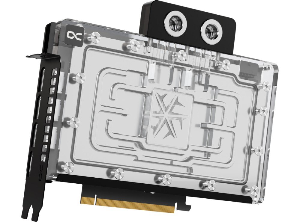 Karta graficzna INNO3D GeForce RTX 5090 iCHILL Frostbite 32GB Widok na kartę graficzną z przodu, pokazujący szczegóły bloków wodnych i transparentnej obudowy. Dwa porty chłodzenia cieczą umieszczone na górze