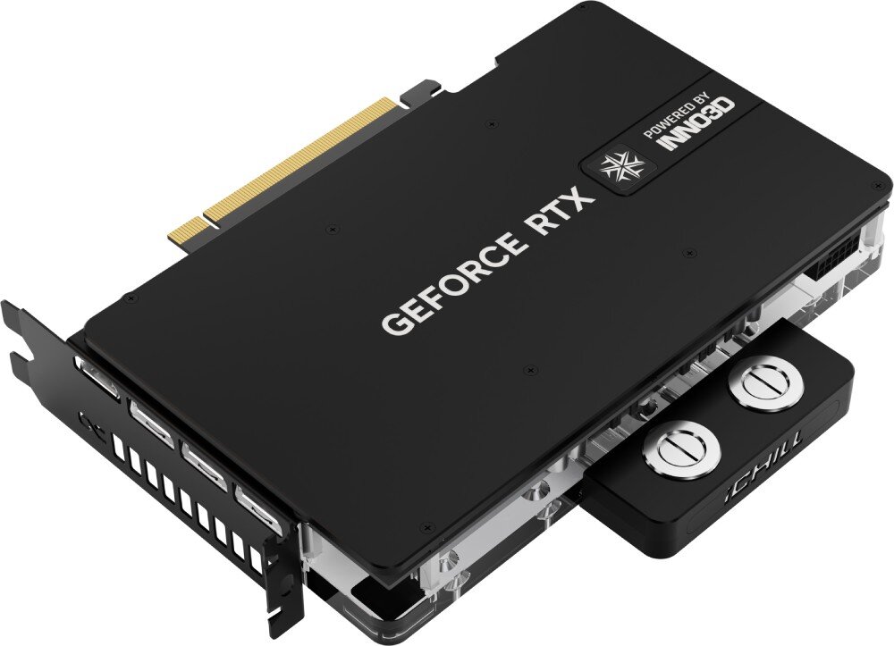 Karta graficzna INNO3D GeForce RTX 5090 iCHILL Frostbite 32GB Tylna część karty z czarnym metalowym backplate’em z wyraźnym oznaczeniem serii i logotypem producenta. Widoczne porty wyjściowe HDMI i DisplayPort