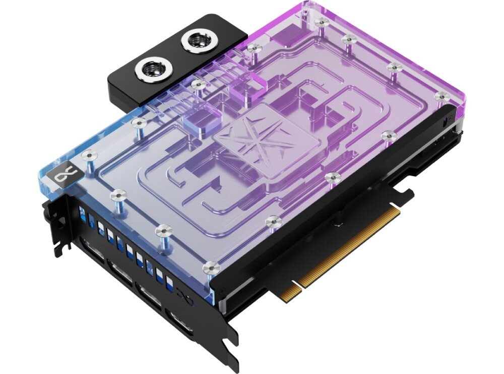 Karta graficzna INNO3D GeForce RTX 5090 iCHILL Frostbite 32GB Karta w wersji z podświetleniem aRGB, emitującym fioletowo-niebieskie światło przez transparentny blok wodny, podkreślający przepływ cieczy
