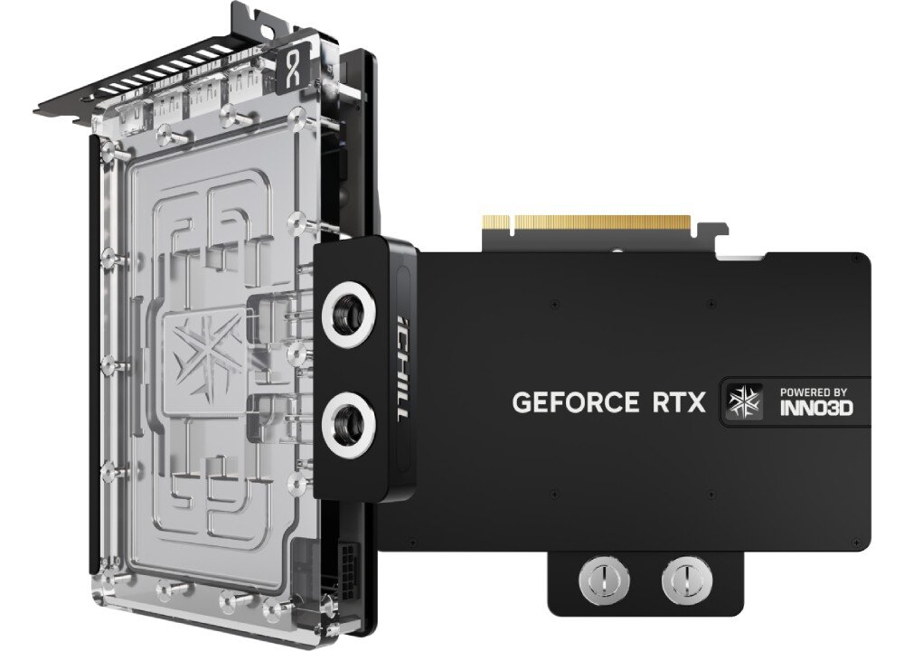 Karta graficzna INNO3D GeForce RTX 5090 iCHILL Frostbite 32GB Karta rozłożona na dwie części – jedna z transparentnym blokiem chłodzącym, druga z czarnym radiatorem i widocznymi portami do systemu chłodzenia wodnego