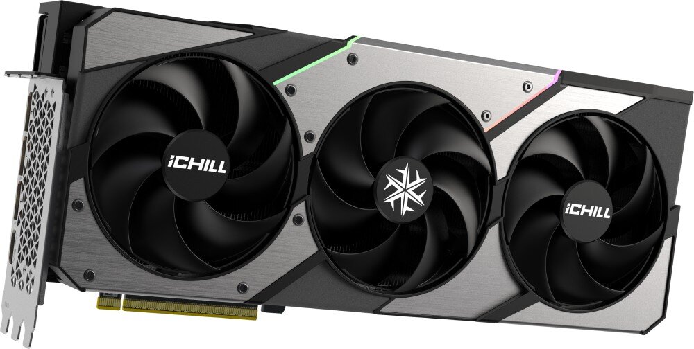 Karta graficzna INNO3D GeForce RTX 5090 iCHILL X3 32GB Karta graficzna sfotografowana od frontu, ukazująca potrójny system wentylatorów z logo producenta i masywną konstrukcję chłodzącą