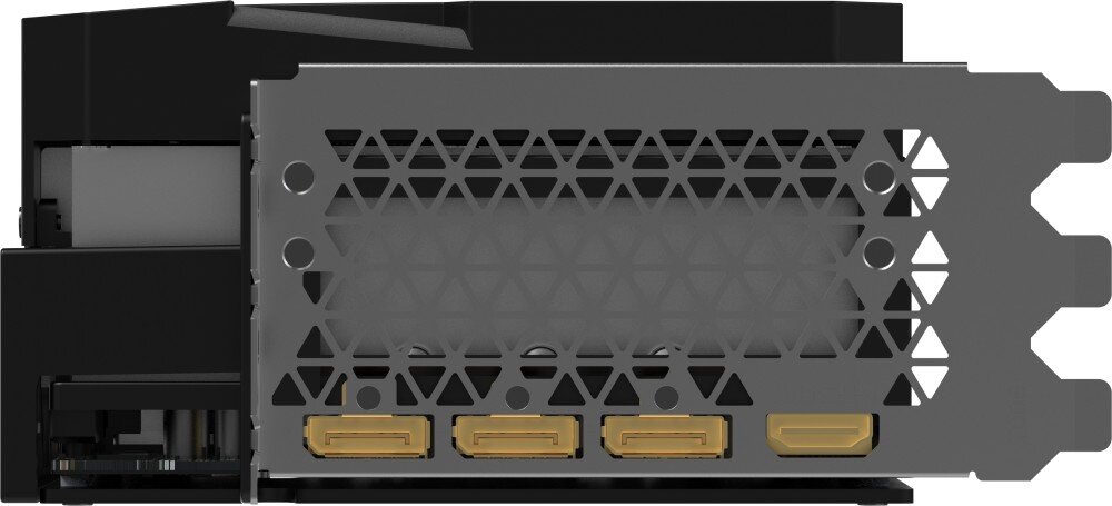 Karta graficzna INNO3D GeForce RTX 5090 iCHILL X3 32GB Panel wyjść karty graficznej, zawierający trzy porty DisplayPort oraz jedno złącze HDMI, osłonięte metalową kratką wentylacyjną