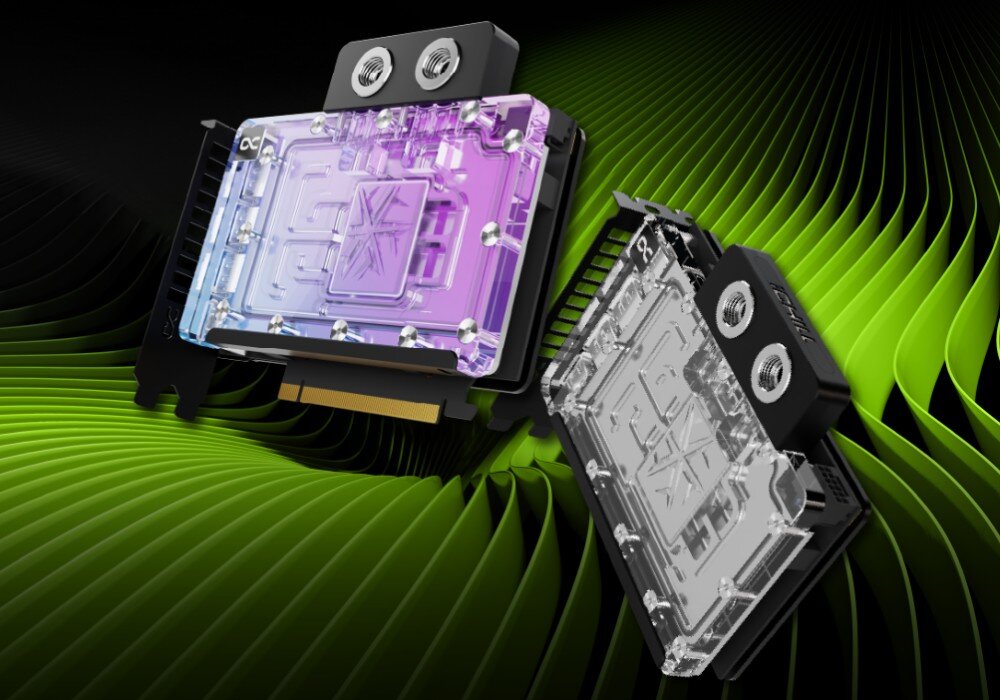 Karta graficzna INNO3D GeForce RTX 5080 iChill Frostbite 16GB Dwa egzemplarze karty graficznej prezentowane na tle zielonego, falistego wzoru