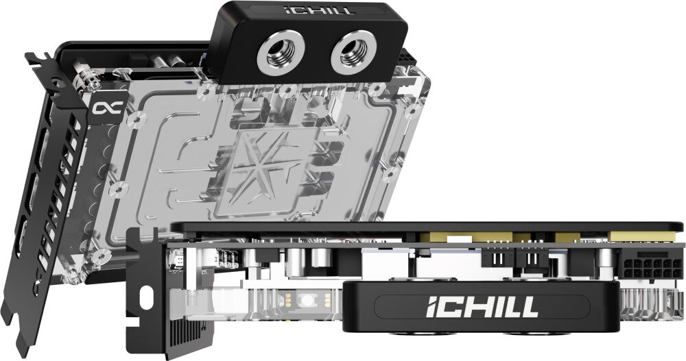Karta graficzna INNO3D GeForce RTX 5080 iChill Frostbite 16GB Dwa modele karty, jeden z podświetleniem RGB, drugi w klasycznej wersji.