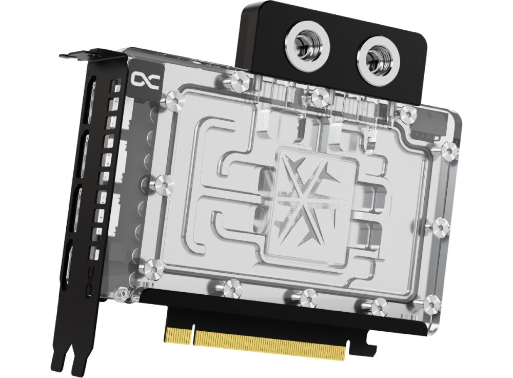 Karta graficzna INNO3D GeForce RTX 5080 iChill Frostbite 16GB Widok na kartę graficzną z przodu, pokazujący szczegóły bloków wodnych i transparentnej obudowy. Dwa porty chłodzenia cieczą umieszczone na górze