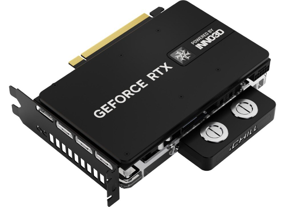 Karta graficzna INNO3D GeForce RTX 5080 iChill Frostbite 16GB Tylna część karty z czarnym metalowym backplate’em z wyraźnym oznaczeniem serii i logotypem producenta. Widoczne porty wyjściowe HDMI i DisplayPort