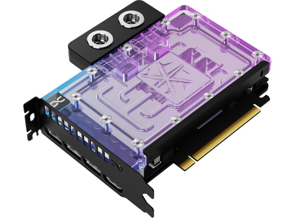 Karta graficzna INNO3D GeForce RTX 5080 iChill Frostbite 16GB Karta w wersji z podświetleniem aRGB, emitującym fioletowo-niebieskie światło przez transparentny blok wodny, podkreślający przepływ cieczy