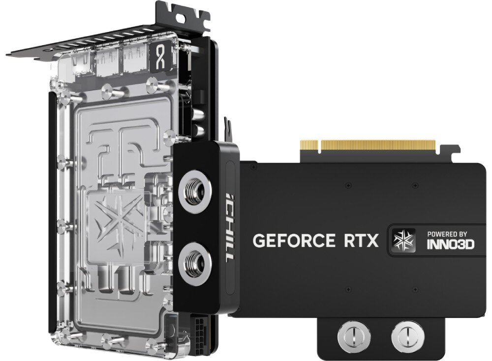 Karta graficzna INNO3D GeForce RTX 5080 iChill Frostbite 16GB Karta rozłożona na dwie części – jedna z transparentnym blokiem chłodzącym, druga z czarnym radiatorem i widocznymi portami do systemu chłodzenia wodnego
