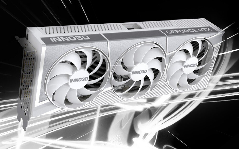 Karta graficzna INNO3D GeForce RTX 5080 X3 OC White 16GB Karta graficzna z trzema wentylatorami przedstawiona w dynamicznej kompozycji z liniami białego światła na czarnym tle