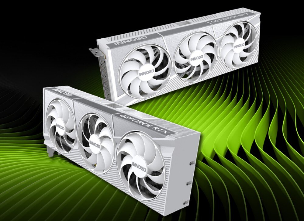 Karta graficzna INNO3D GeForce RTX 5080 X3 OC White 16GB Dwa egzemplarze karty prezentowane na tle zielonych falistych wzorów