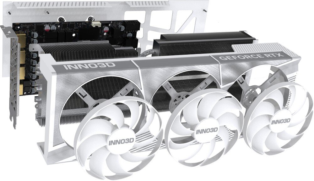 Karta graficzna INNO3D GeForce RTX 5080 X3 OC White 16GB Zbliżenie na rozbudowany układ chłodzenia, ukazujące szczegóły radiatora i systemu odprowadzania ciepła