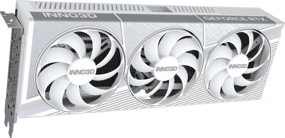 Karta graficzna INNO3D GeForce RTX 5080 X3 OC White 16GB Ujęcie z przodu ukazujące trzy wentylatory