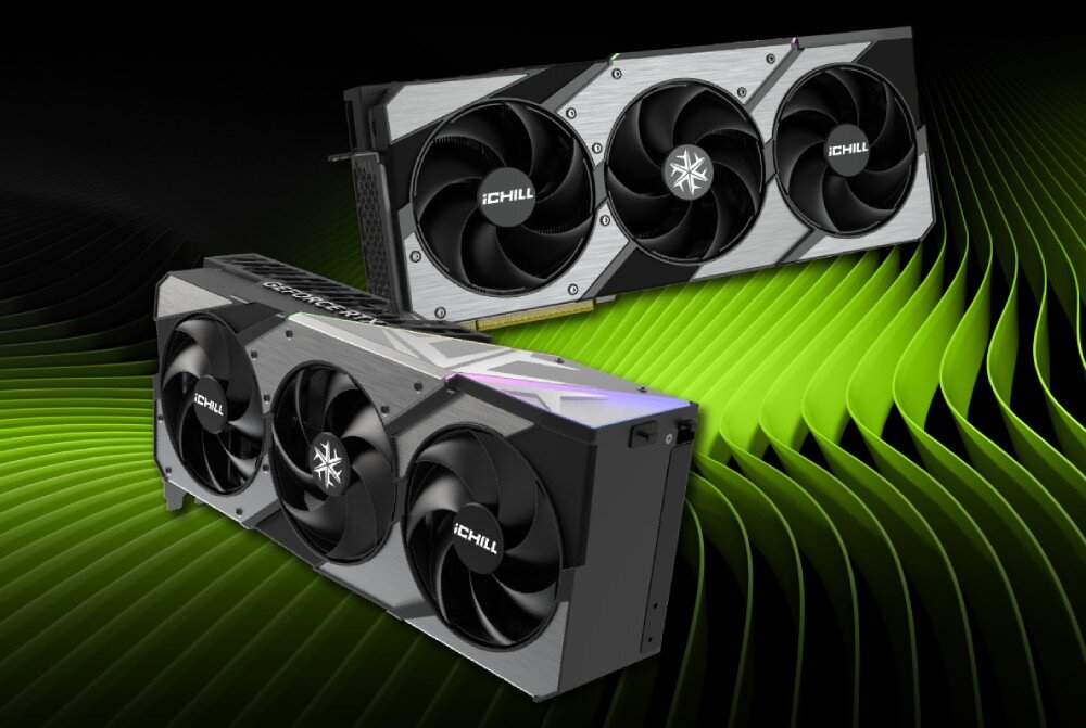 Karta graficzna INNO3D GeForce RTX 5080 iChill X3 16GB Dwa modele karty graficznej ustawione na tle zielonego gradientu, ukazujące detale konstrukcji i rozmieszczenie wentylatorów