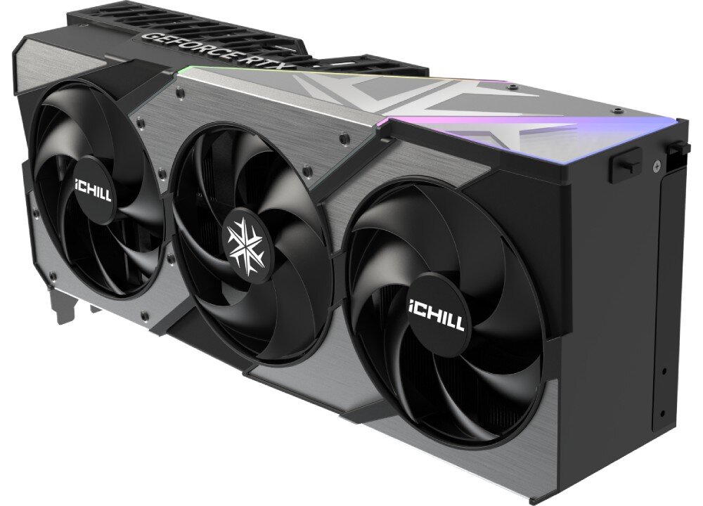 Karta graficzna INNO3D GeForce RTX 5080 iChill X3 16GB Zbliżenie na kartę graficzną w poziomie, podkreślające metaliczną powierzchnię, subtelne podświetlenie ARGB i masywną konstrukcję układu chłodzenia