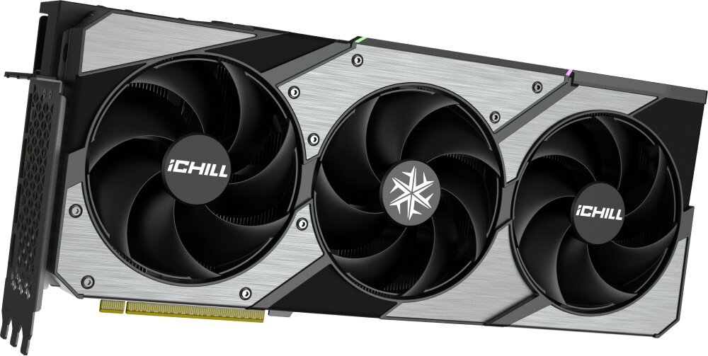 Karta graficzna INNO3D GeForce RTX 5080 iChill X3 16GB Karta graficzna sfotografowana od frontu, ukazująca potrójny system wentylatorów z logo producenta i masywną konstrukcję chłodzącą
