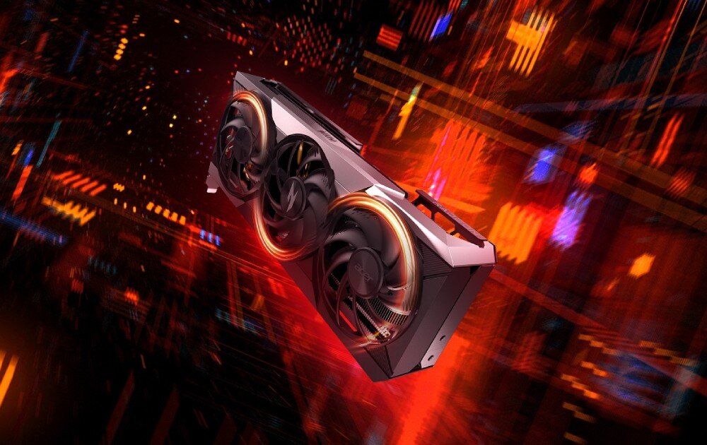 Karta graficzna ACER Nitro Radeon RX 9070 OC 16GB Karta graficzna z podświetleniem pomarańczowym unosi się w dynamicznej czerwono-pomarańczowej scenerii z rozmazanymi światłami, wentylatory, chłodzenie, taktowanie, rurki cieplne