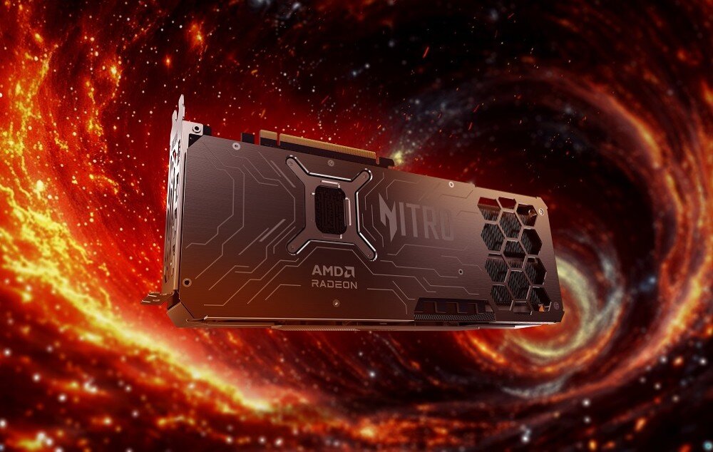 Karta graficzna ACER Nitro Radeon RX 9070 OC 16GB Tylna strona karty graficznej z metalowym backplate'em i napisem 'Nitro' przedstawiona na tle wirującego kosmicznego zjawiska przypominającego czarną dziurę, budowa, kondensatory, wytrzymałość