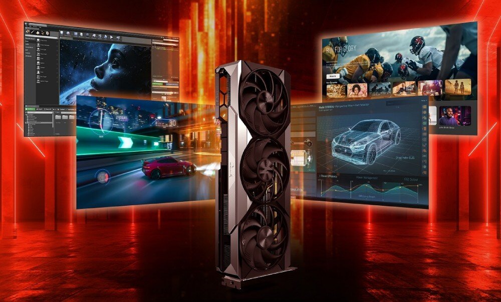 Karta graficzna ACER Nitro Radeon RX 9070 OC 16GB Pionowo ustawiona karta graficzna otoczona czterema ekranami prezentującymi różne zastosowania graficzne, w tym gry, grafikę 3D i transmisję wideo, wyjścia, pamięć, upscaling FSR 4