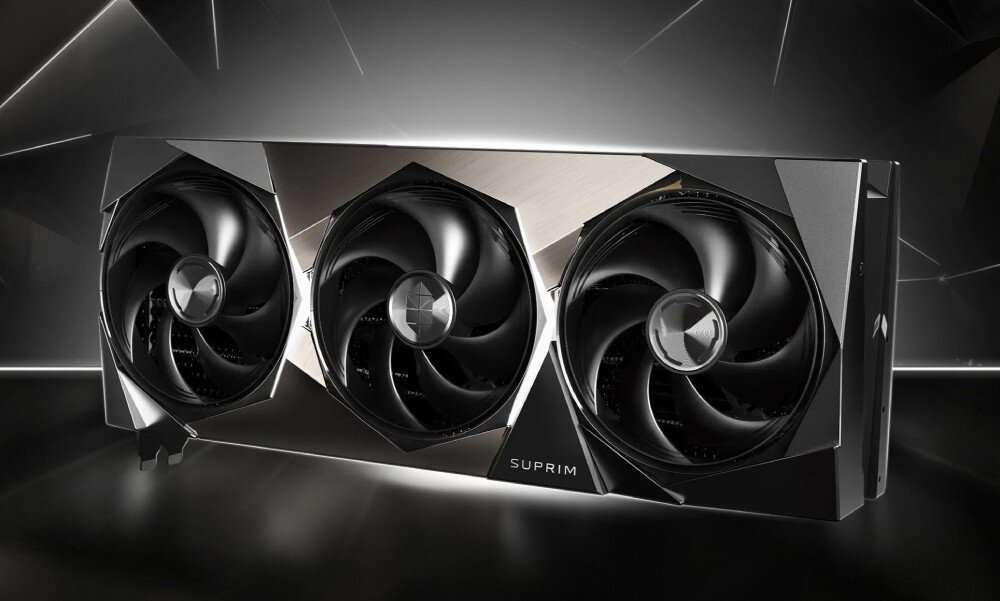 Karta graficzna MSI GeForce RTX 5080 Suprim SOC 16GB Karta graficzna z trzema dużymi wentylatorami, osadzona w metalowej obudowie z geometrycznym wzorem