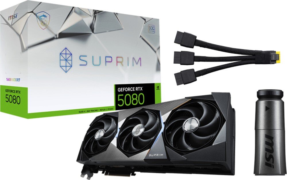 Karta graficzna MSI GeForce RTX 5080 Suprim SOC 16GB zdjęcie zestawu - karta, pudełko, adapter zasilania oraz metalowy wspornik - na białym tle